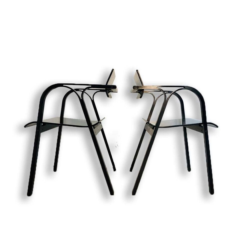 Pair of vintage armchairs in black lacquered wood by Stoppino and Meneghetti, 1980