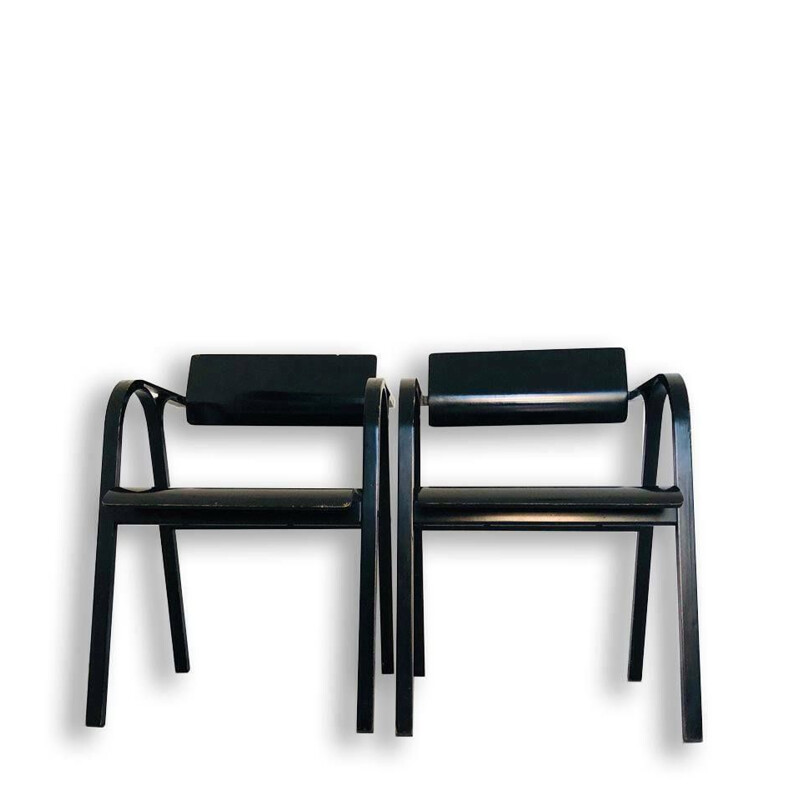 Pair of vintage armchairs in black lacquered wood by Stoppino and Meneghetti, 1980