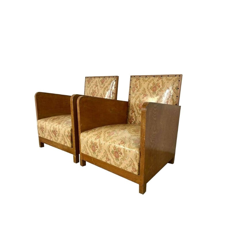 Paire de fauteuils vintage structure en bois et tissu, 1940
