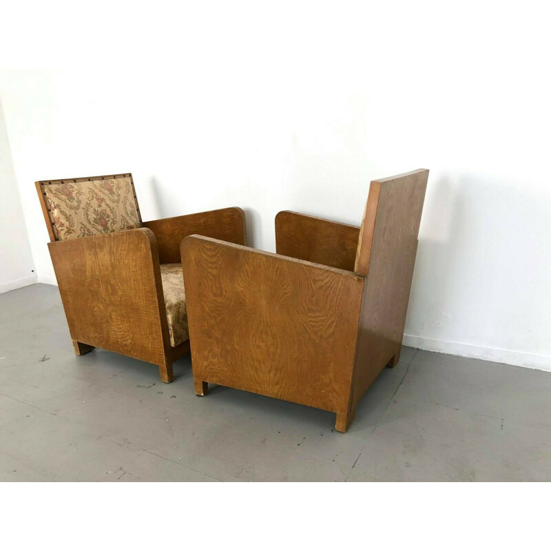 Paire de fauteuils vintage structure en bois et tissu, 1940