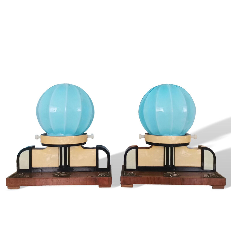 Pair of vintage Art Deco French blue opal glass and wood table lamps, 1940s