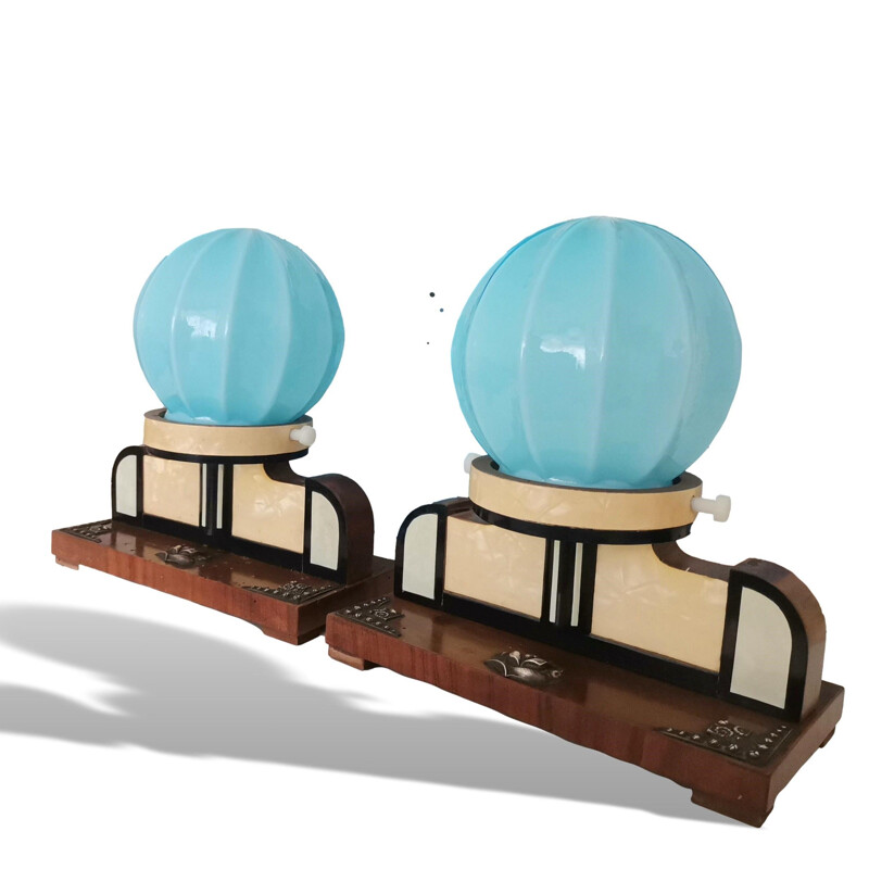 Pair of vintage Art Deco French blue opal glass and wood table lamps, 1940s