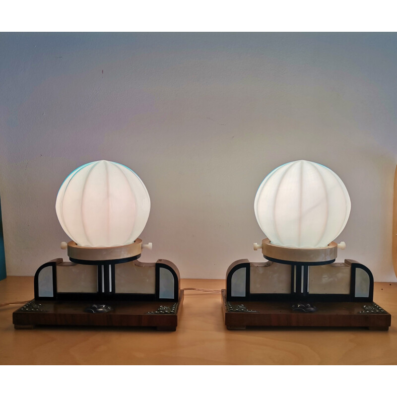 Pair of vintage Art Deco French blue opal glass and wood table lamps, 1940s