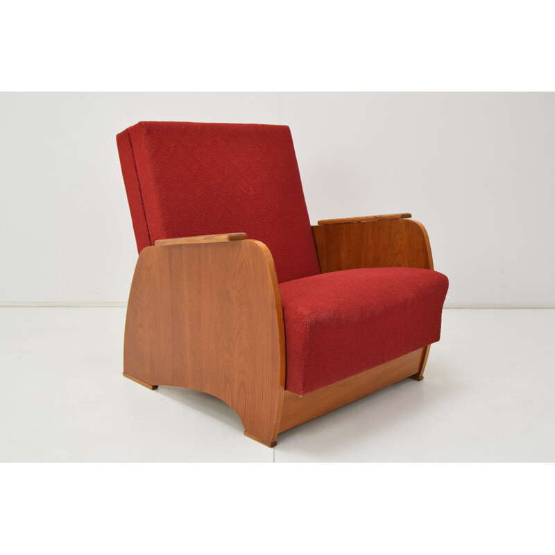 Vintage convertible armchair in wood and fabric, Czechoslovakia 1960s