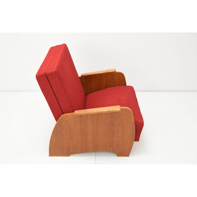 Vintage converteerbare fauteuil in hout en stof, Tsjechoslowakije 1960