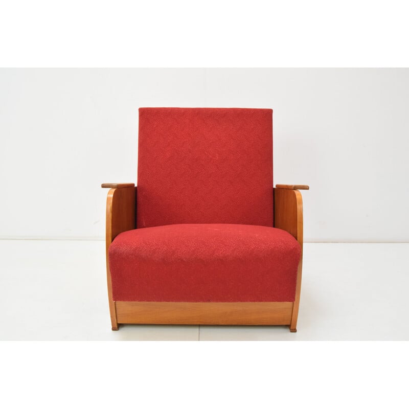 Fauteuil convertible vintage en bois et tissu, Tchécoslovaquie 1960