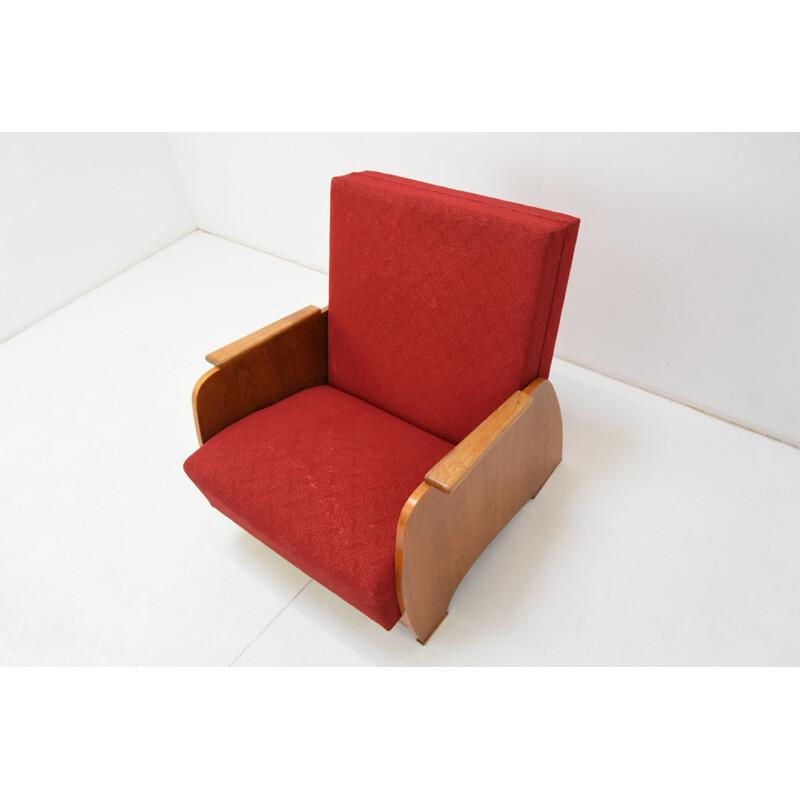 Vintage converteerbare fauteuil in hout en stof, Tsjechoslowakije 1960