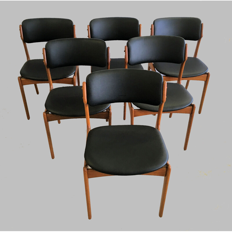 Set of 6 vintage dining chairs in black leather and teak by Erik Buch for Oddense Maskinsnedkeri, 1960