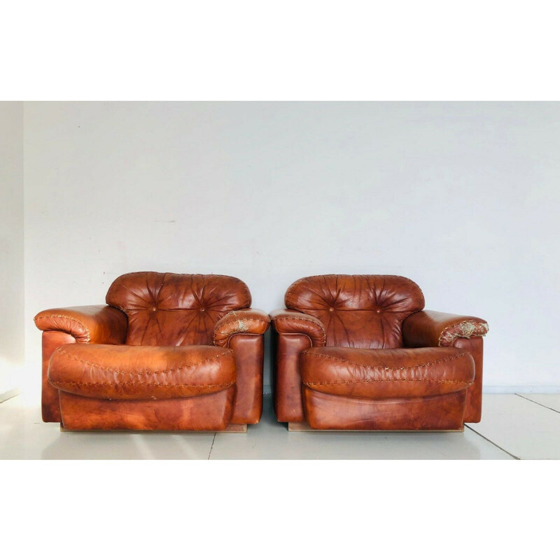 Paire de fauteuils vintage en cuir brun, 1970