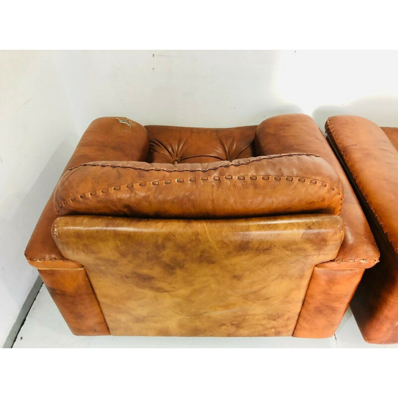 Paar vintage bruin lederen fauteuils, 1970