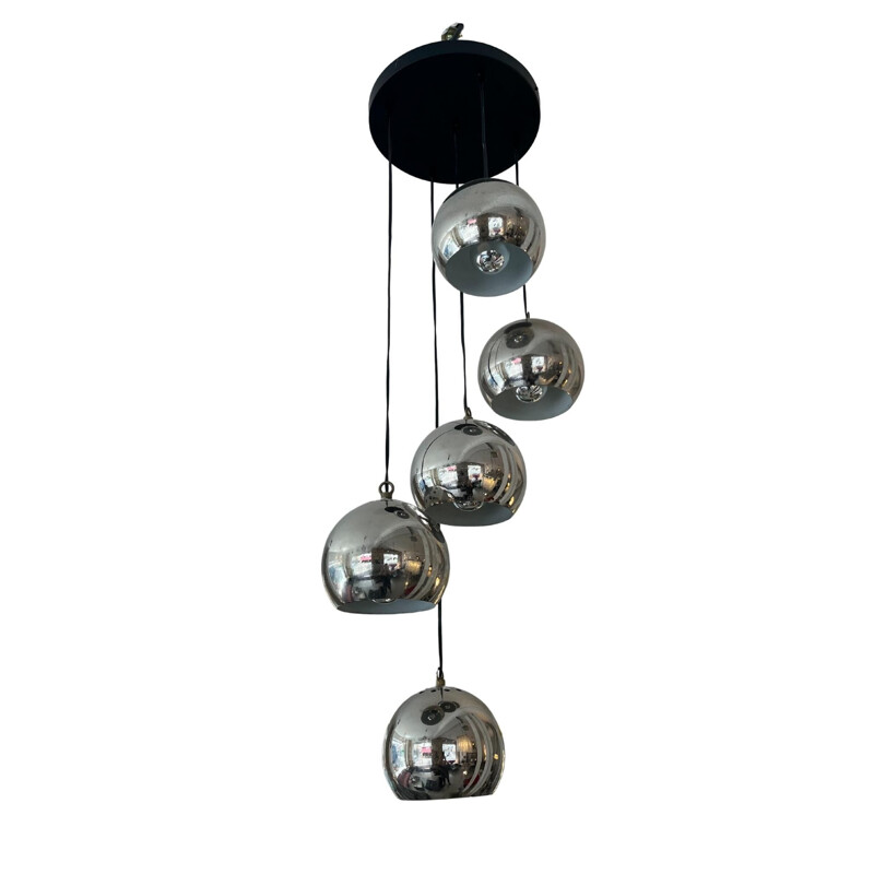 Vintage 5-globe chrome-plated metal pendant lamp, 1970