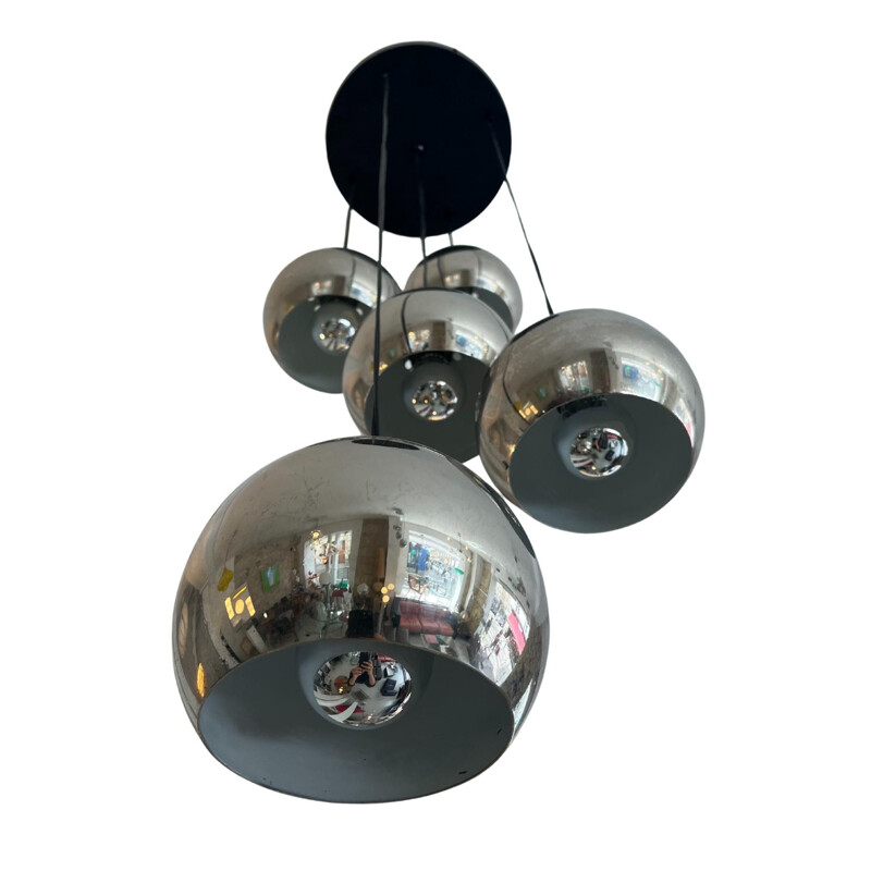 Vintage 5-globe chrome-plated metal pendant lamp, 1970