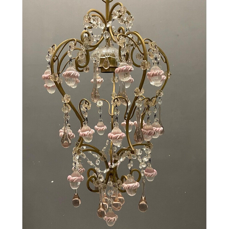 Lámpara colgante italiana vintage de cristal de Murano rosa