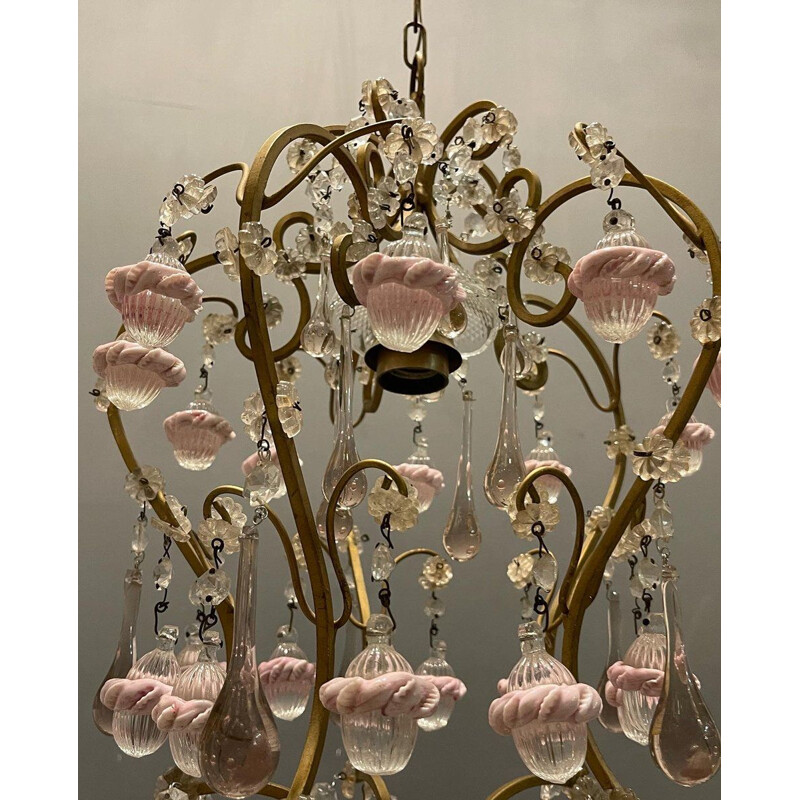 Lampada a sospensione italiana vintage in vetro di Murano rosa