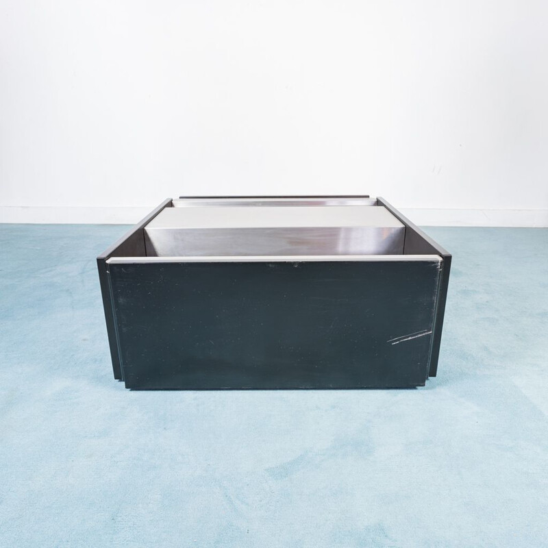 Table basse carrée vintage en métal et bois laqué noir, 1970