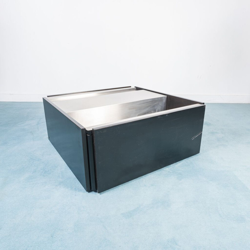 Square vintage coffee table in metal and black lacquered wood, 1970