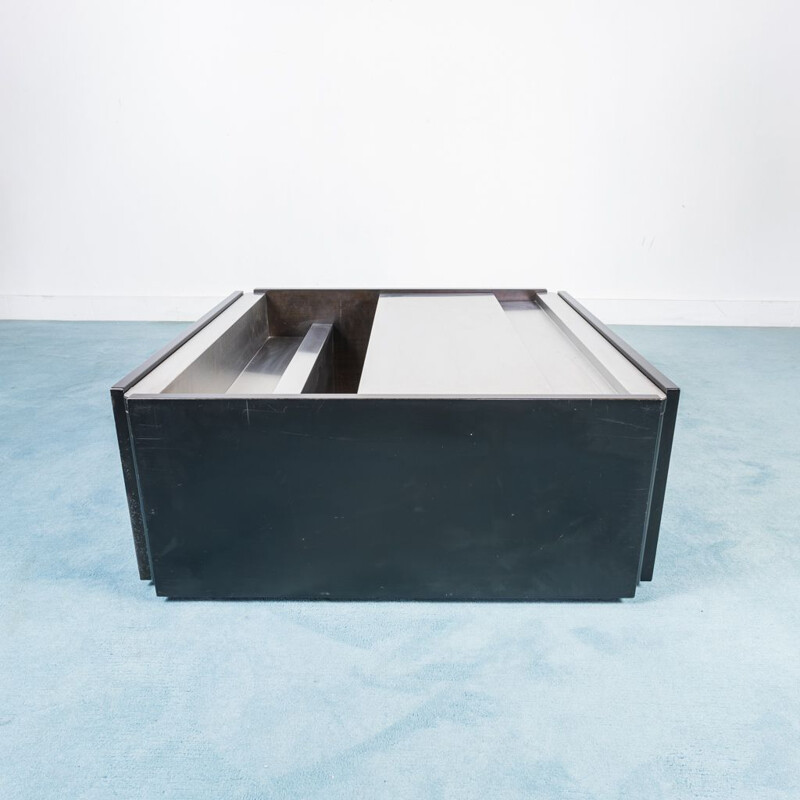 Table basse carrée vintage en métal et bois laqué noir, 1970