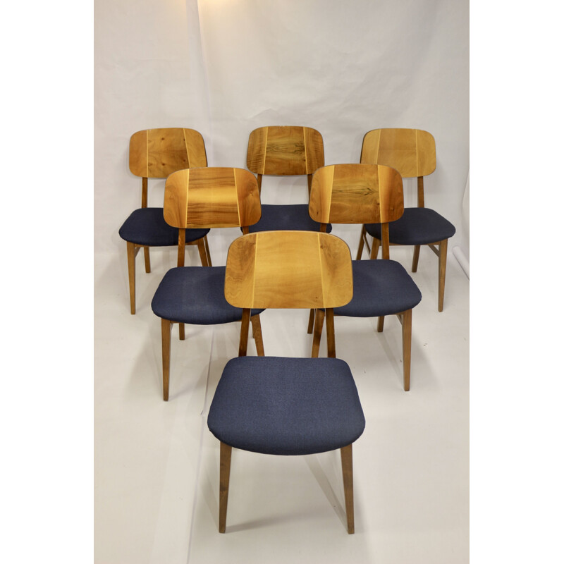 Set of 6 vintage wood slatted chairs, 1960-1970