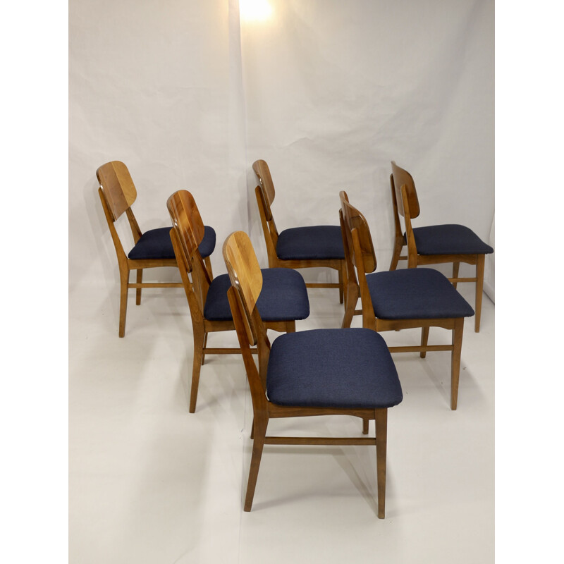Set of 6 vintage wood slatted chairs, 1960-1970