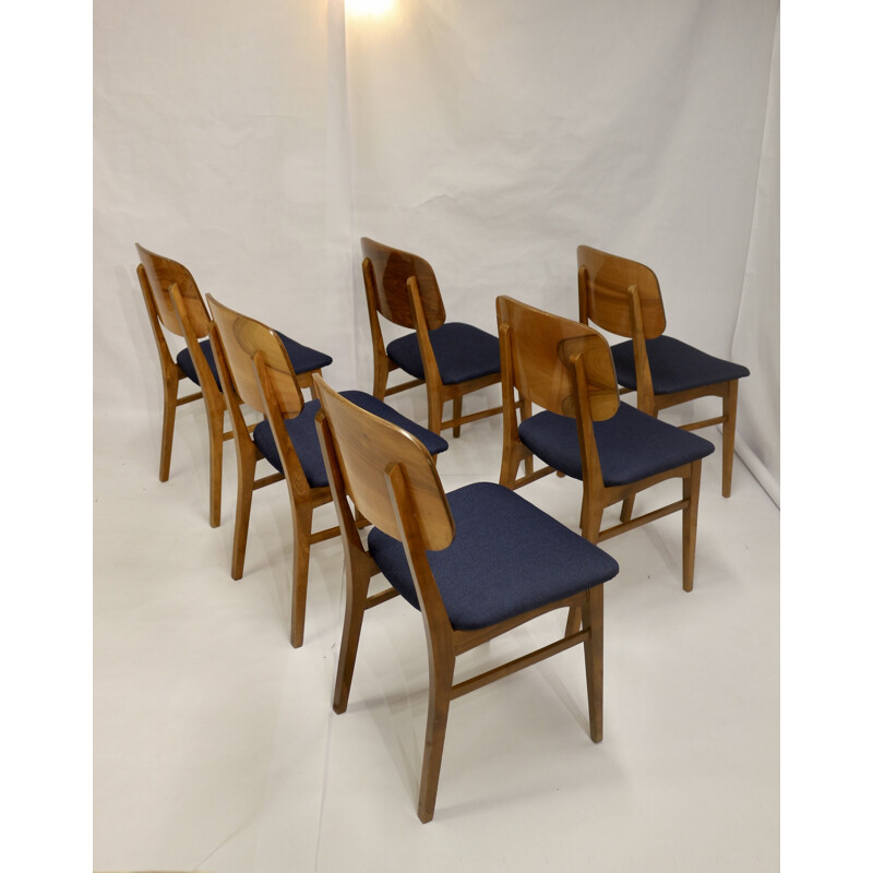 Set of 6 vintage wood slatted chairs, 1960-1970