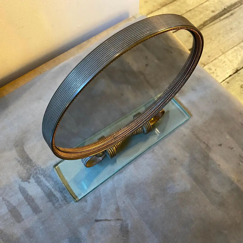 Mid-century brass and heavy glass table mirror by Verde Nilo, 1950s