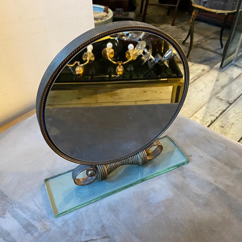 Miroir de table vintage en laiton et verre lourd par Verde Nilo, 1950