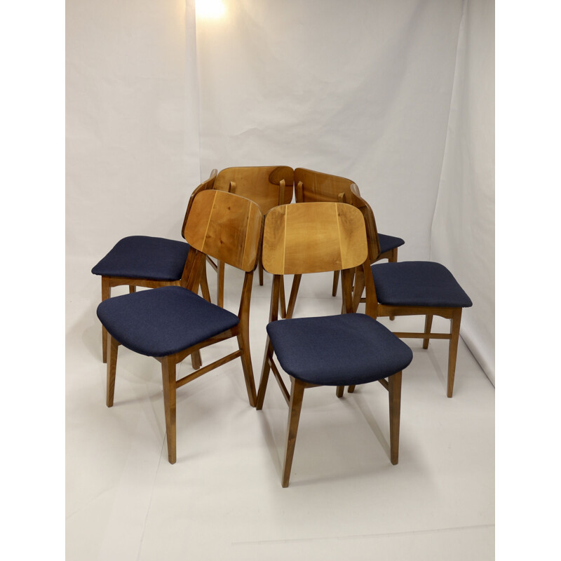 Set of 6 vintage wood slatted chairs, 1960-1970