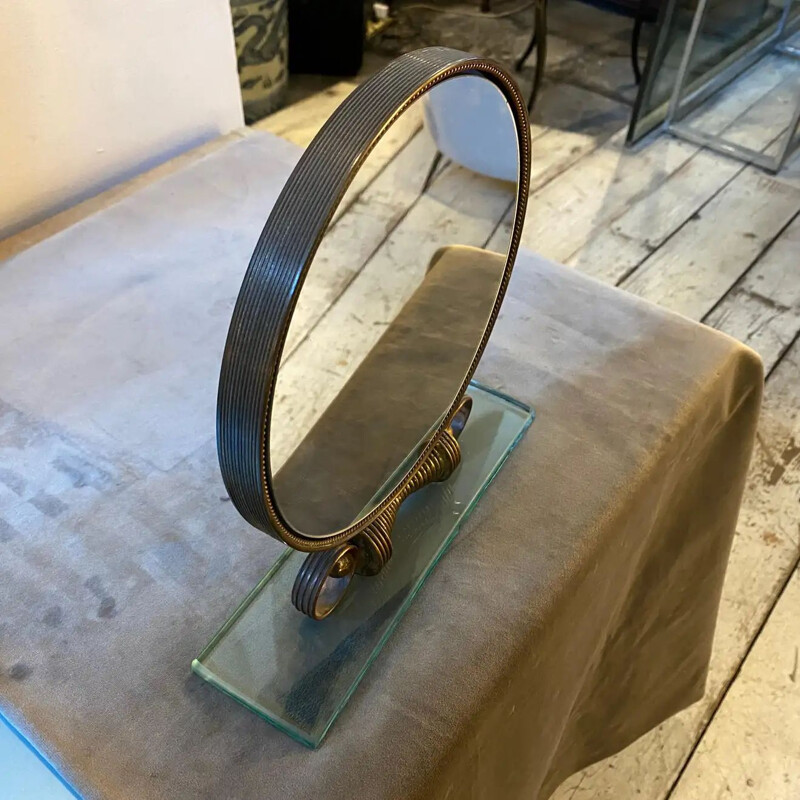 Mid-century brass and heavy glass table mirror by Verde Nilo, 1950s