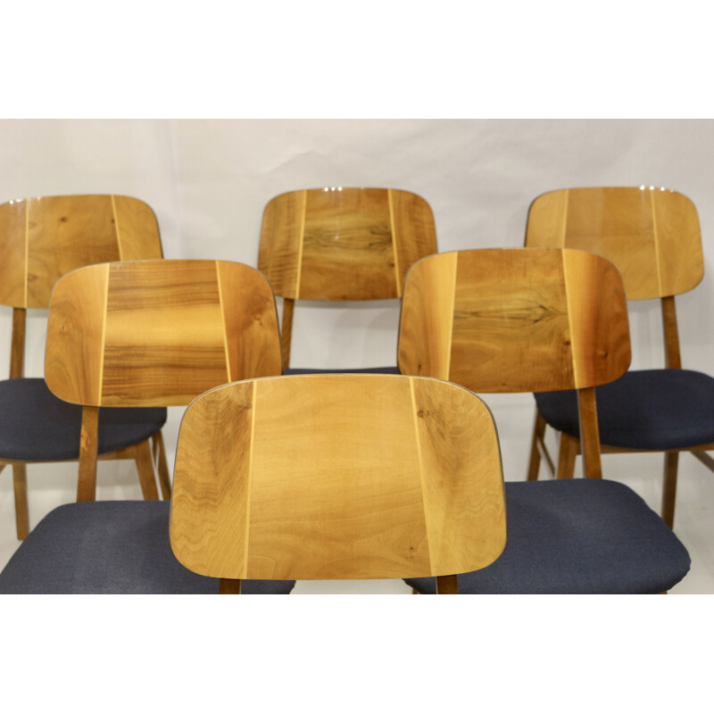 Set of 6 vintage wood slatted chairs, 1960-1970