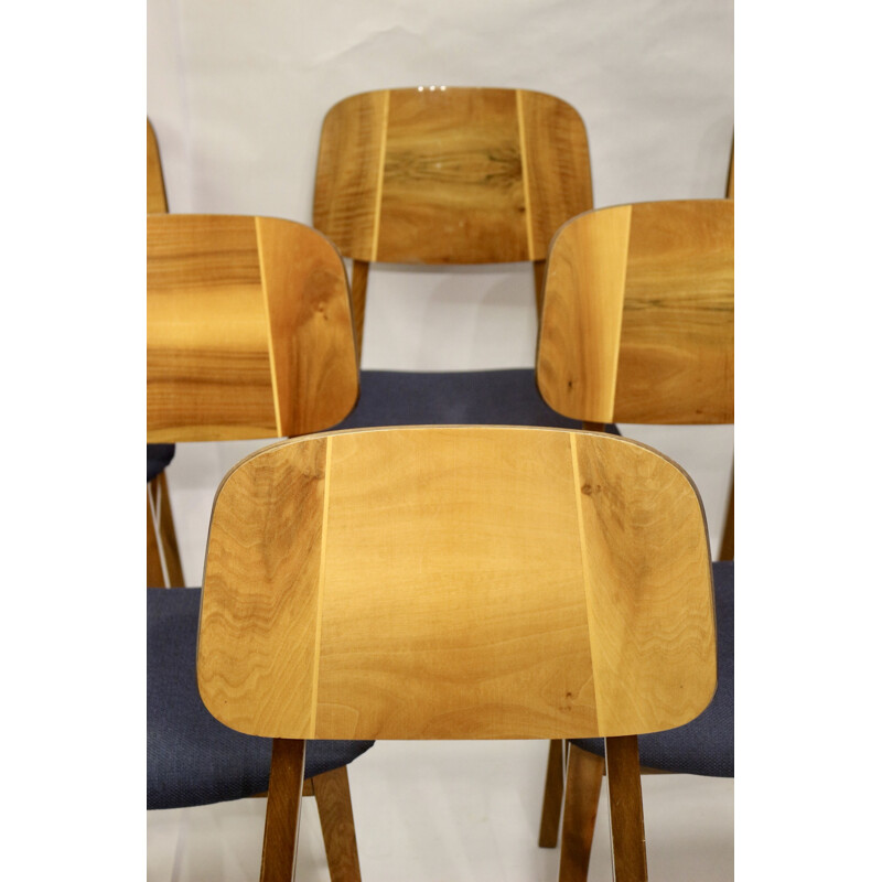Set of 6 vintage wood slatted chairs, 1960-1970