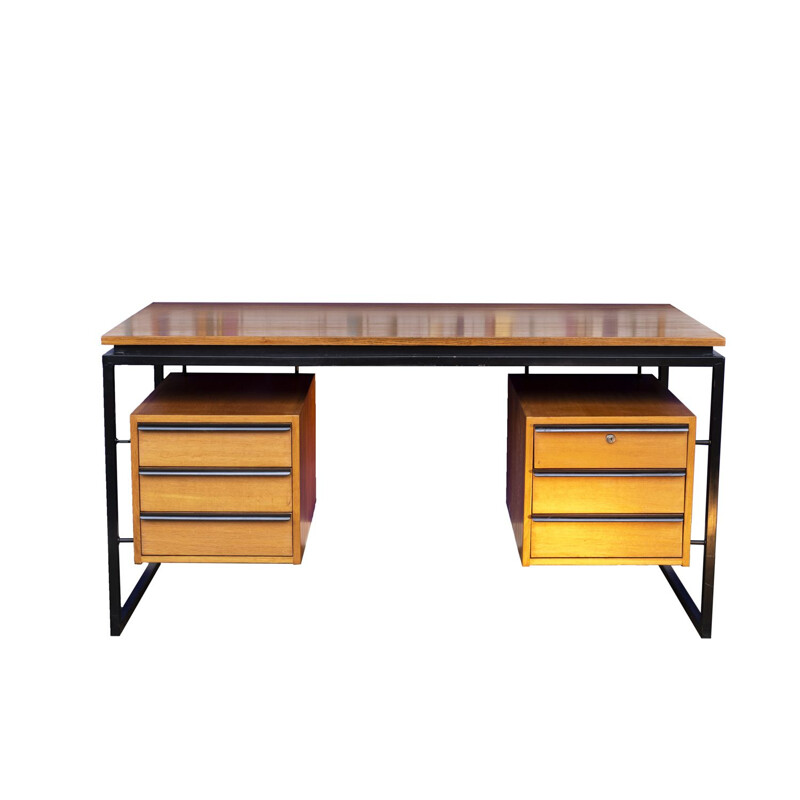 Vintage oak and lacquered metal desk, France 1970