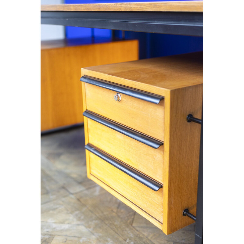 Vintage oak and lacquered metal desk, France 1970