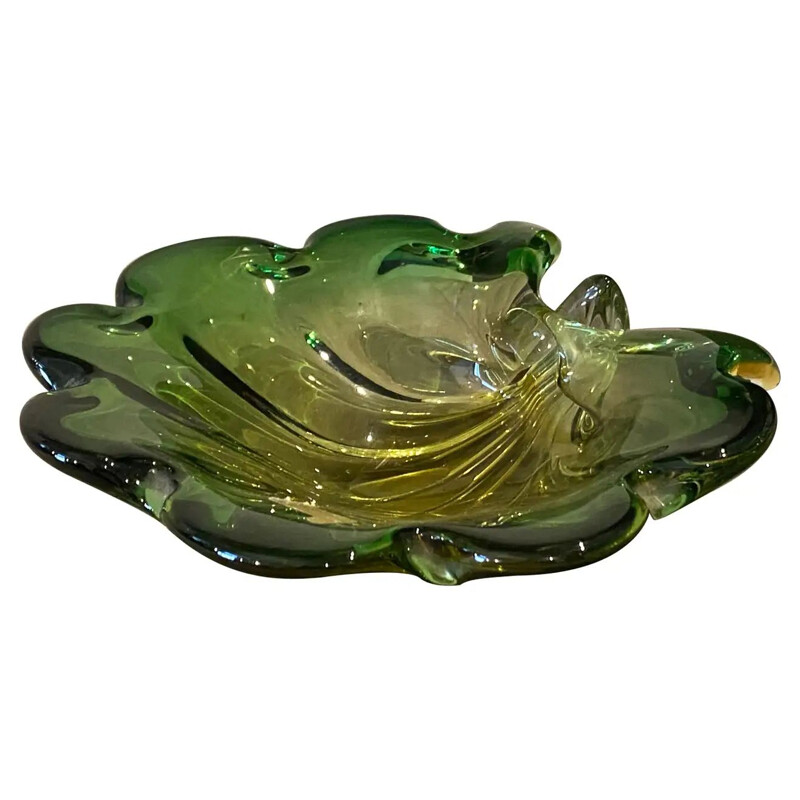 Vintage green and yellow Murano glass bowl with shell by Seguso, Italy 1970