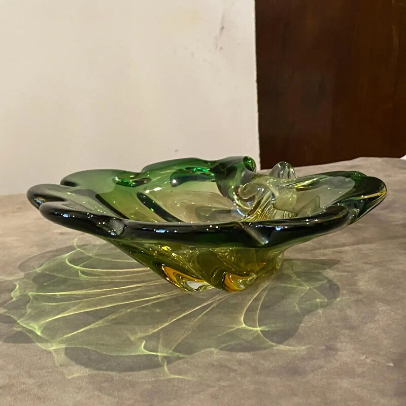 Cuenco vintage de cristal de Murano verde y amarillo con concha de Seguso, Italia 1970