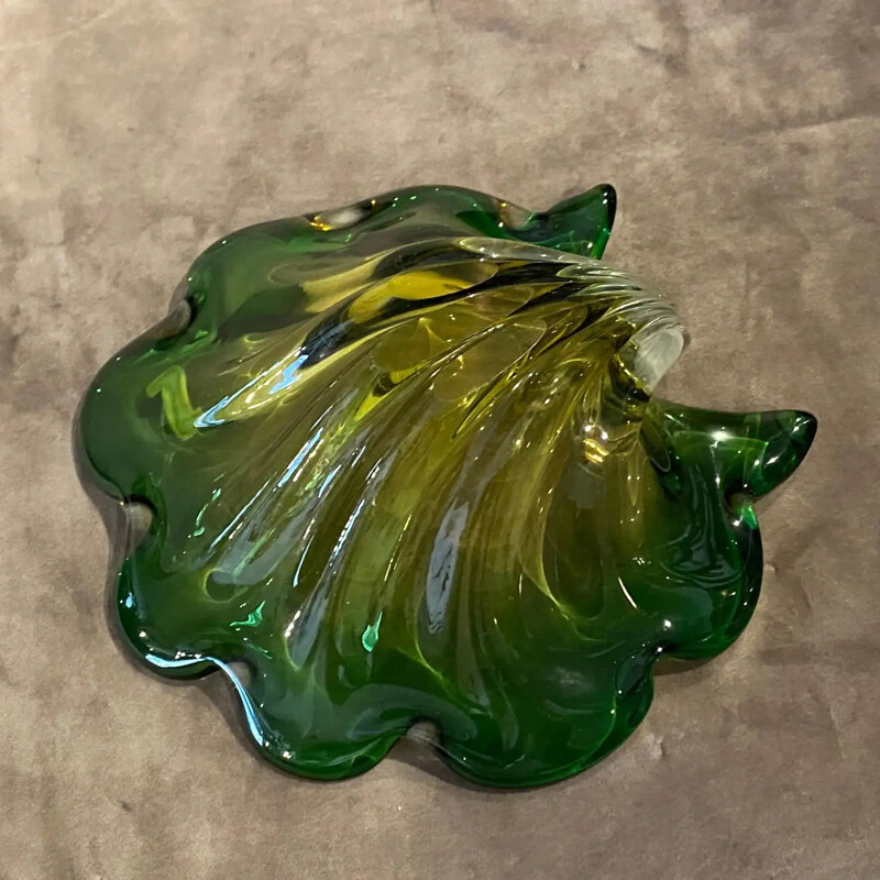 Vintage groen en geel Murano glazen schaaltje met schelp van Seguso, Italië 1970