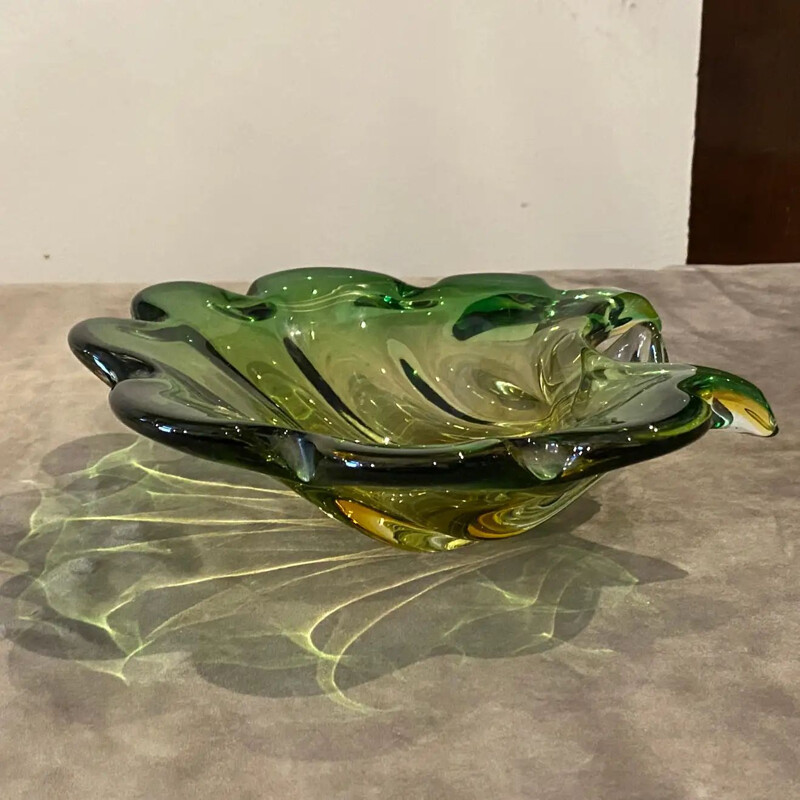 Vintage green and yellow Murano glass bowl with shell by Seguso, Italy 1970