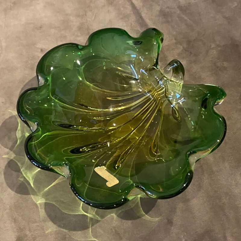 Cuenco vintage de cristal de Murano verde y amarillo con concha de Seguso, Italia 1970