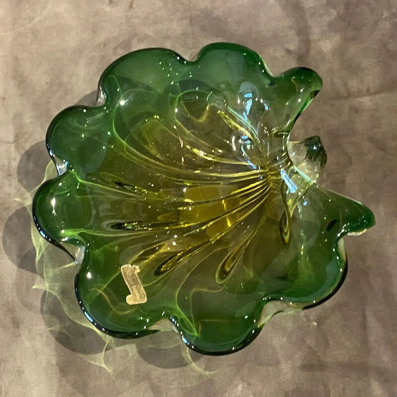 Cuenco vintage de cristal de Murano verde y amarillo con concha de Seguso, Italia 1970