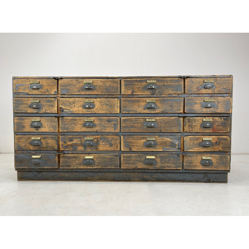 Vintage industrial wooden cabinet with original brass labels, Czechoslovakia 1930's