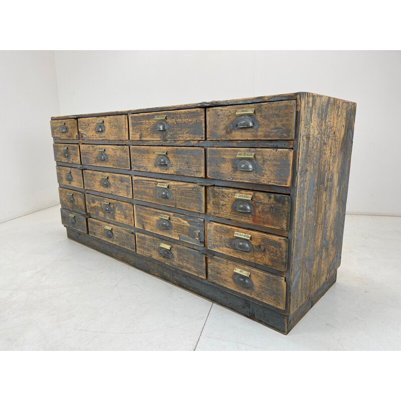 Vintage industrial wooden cabinet with original brass labels, Czechoslovakia 1930's