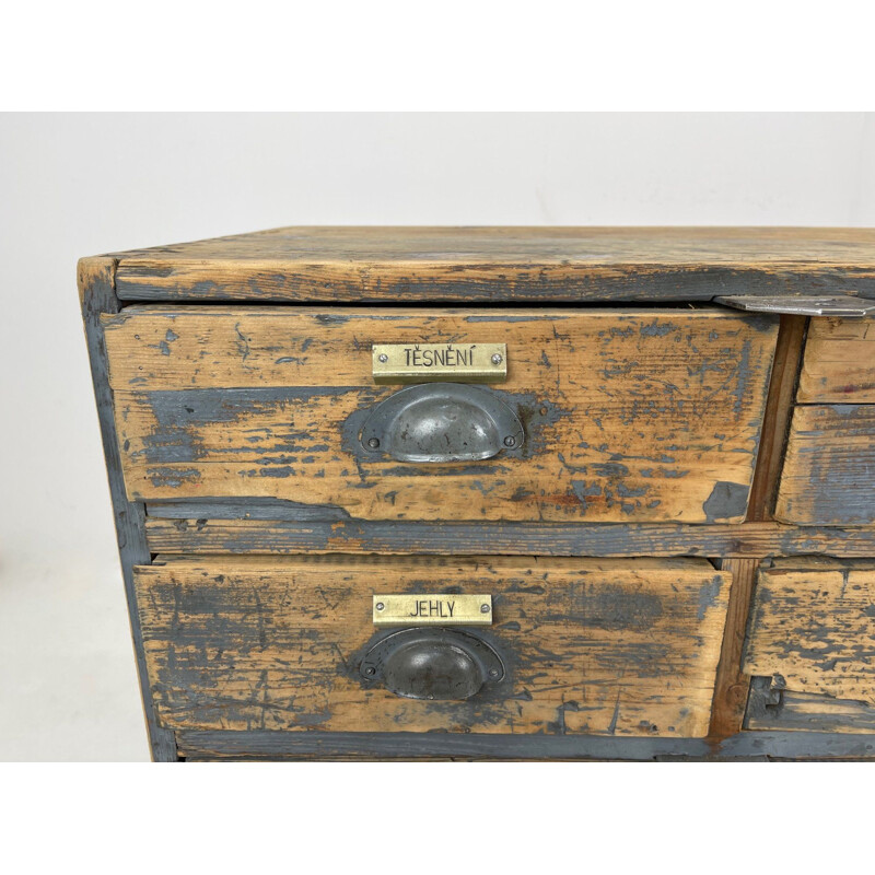 Vintage industrial wooden cabinet with original brass labels, Czechoslovakia 1930's