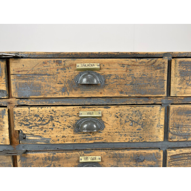 Vintage industrial wooden cabinet with original brass labels, Czechoslovakia 1930's