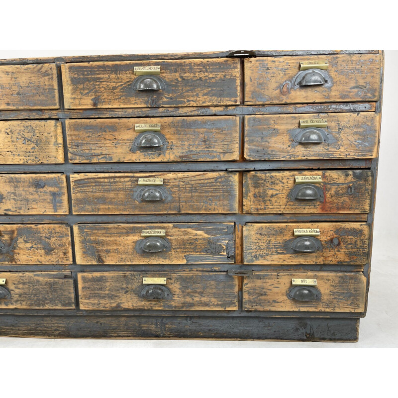 Vintage industrial wooden cabinet with original brass labels, Czechoslovakia 1930's