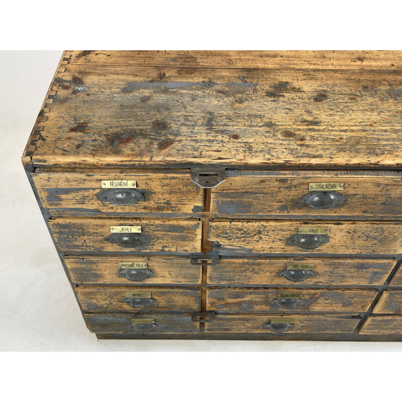 Vintage industrial wooden cabinet with original brass labels, Czechoslovakia 1930's