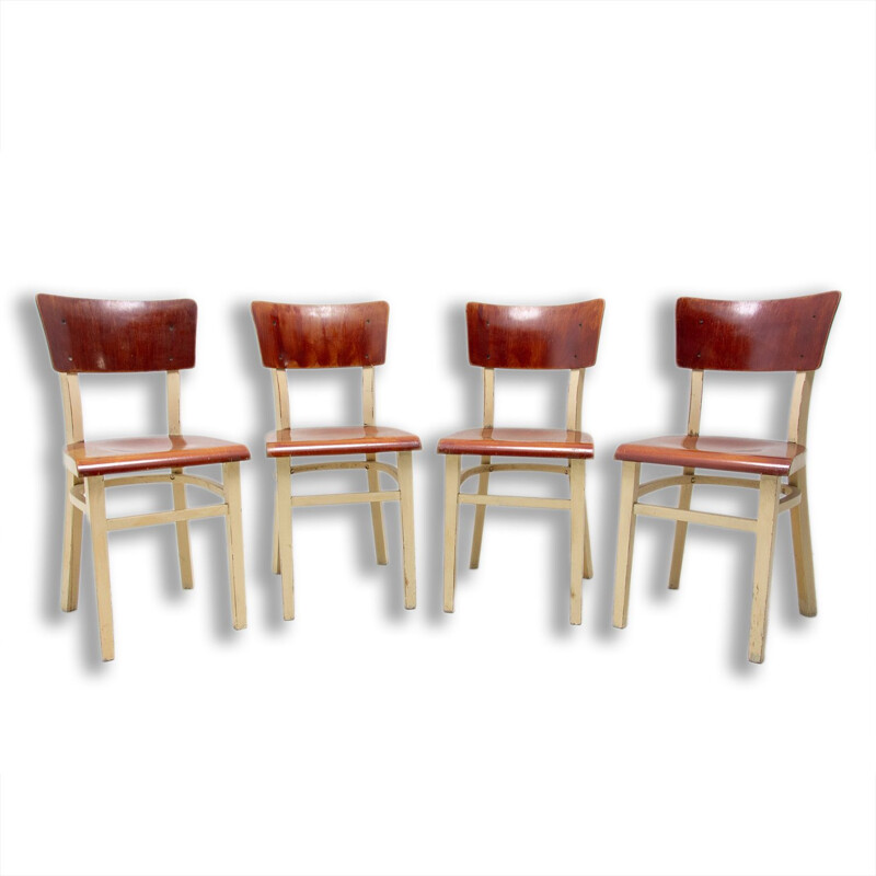 4 cadeiras de jantar em madeira vintage, Checoslováquia 1950
