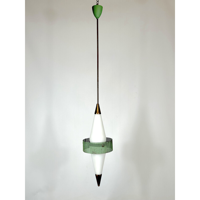 Mid-century brass and triplex opaline glass pendant lamp by Stilnovo