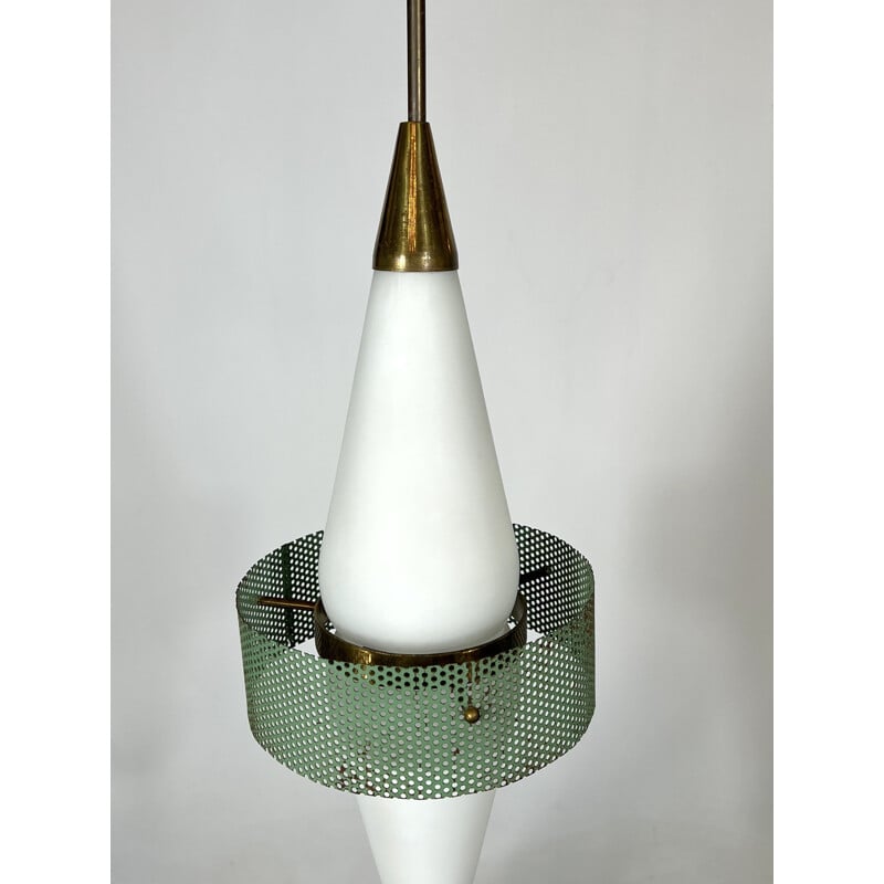 Mid-century brass and triplex opaline glass pendant lamp by Stilnovo