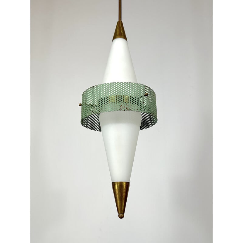 Mid-century brass and triplex opaline glass pendant lamp by Stilnovo