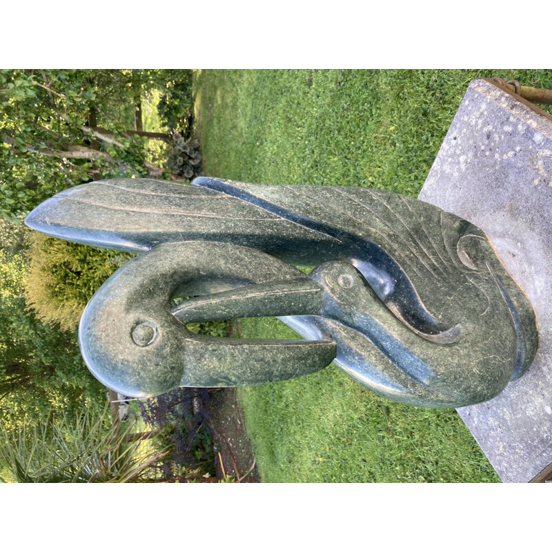Mid-century sculpture of serpentine birds in marble