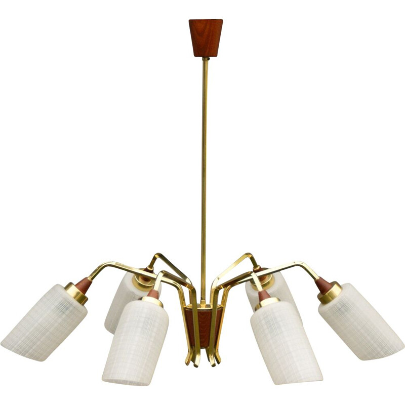 Mid-century chandelier in teak and brass, 1960s